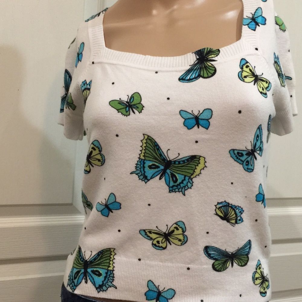 Anthropology Evie butterfly short sleeve cropped sweater top
